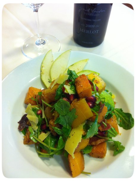 Butternut Squash with Pancetta, Pomegranate Seeds, Arugula, Pears and Asiago Cheese